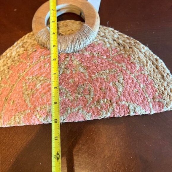 Antik Kraft Jute Woven Clutch With‎ Wooden Handles & Pink Pattern purse handbag - Picture 4 of 10